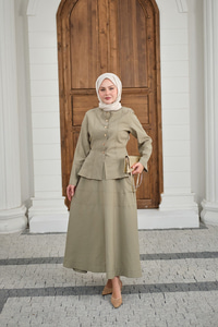 Çıtçıtlı Dikiş Detay Etekli Takım Küf Yeşil