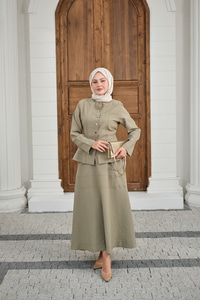 Çıtçıtlı Dikiş Detay Etekli Takım Küf Yeşil