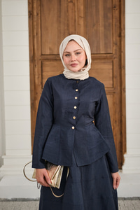 Çıtçıtlı Dikiş Detay Etekli Takım Lacivert