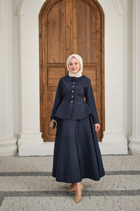 Çıtçıtlı Dikiş Detay Etekli Takım Lacivert