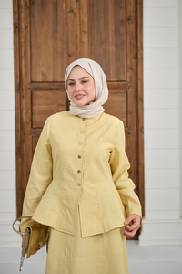 Çıtçıtlı Dikiş Detay Etekli Takım Sarı