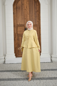 Çıtçıtlı Dikiş Detay Etekli Takım Sarı