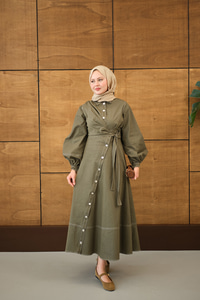 Çıtçıtlı Dikiş İz Detay Yandan Bağlamalı Kot Elbise Haki Yeşil