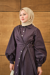 Çıtçıtlı Dikiş İz Detay Yandan Bağlamalı Kot Elbise Mürdüm