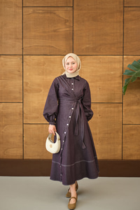 Çıtçıtlı Dikiş İz Detay Yandan Bağlamalı Kot Elbise Mürdüm