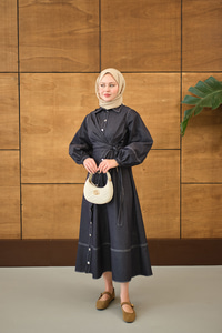 Çıtçıtlı Dikiş İz Detay Yandan Bağlamalı Kot Elbise Lacivert