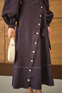 Çıtçıtlı Dikiş İz Detay Yandan Bağlamalı Kot Elbise Mürdüm