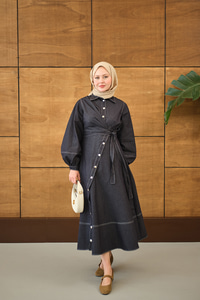 Çıtçıtlı Dikiş İz Detay Yandan Bağlamalı Kot Elbise Lacivert