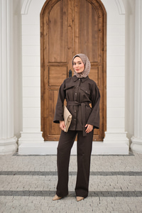 Çıtçıtlı Gabardin Bel bağlamalı takım Kahverengi