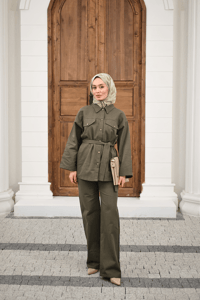 Çıtçıtlı Gabardin Bel bağlamalı takım Haki Yeşil