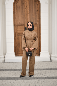 Çıtçıtlı Gabardin Bel bağlamalı takım Vizon