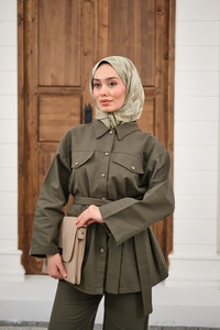 Çıtçıtlı Gabardin Bel bağlamalı takım Haki Yeşil