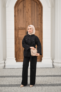 Çıtçıtlı Gabardin Bel bağlamalı takım Siyah