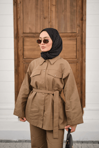 Çıtçıtlı Gabardin Bel bağlamalı takım Vizon