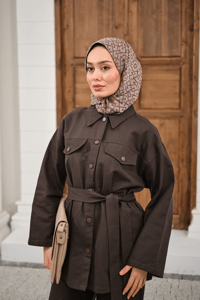 Çıtçıtlı Gabardin Bel bağlamalı takım Kahverengi