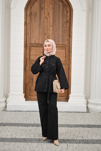 Çıtçıtlı Gabardin Bel bağlamalı takım Siyah