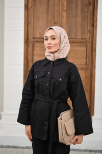 Çıtçıtlı Gabardin Bel bağlamalı takım Siyah