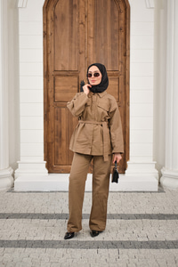 Çıtçıtlı Gabardin Bel bağlamalı takım Vizon