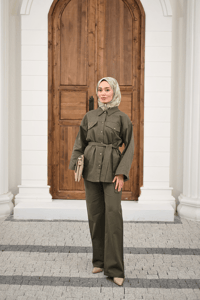 Çıtçıtlı Gabardin Bel bağlamalı takım Haki Yeşil