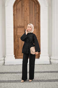 Çıtçıtlı Gabardin Bel bağlamalı takım Siyah