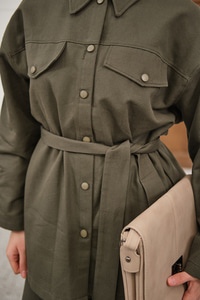 Çıtçıtlı Gabardin Bel bağlamalı takım Haki Yeşil