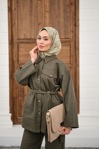 Çıtçıtlı Gabardin Bel bağlamalı takım Haki Yeşil