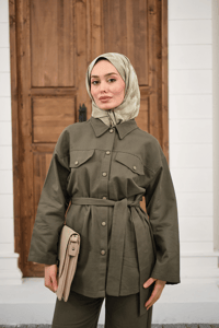 Çıtçıtlı Gabardin Bel bağlamalı takım Haki Yeşil