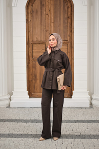 Çıtçıtlı Gabardin Bel bağlamalı takım Kahverengi