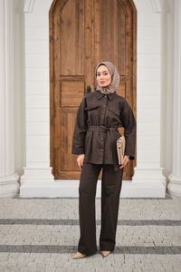 Çıtçıtlı Gabardin Bel bağlamalı takım Kahverengi
