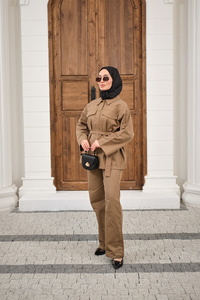 Çıtçıtlı Gabardin Bel bağlamalı takım Vizon