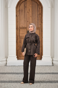 Çıtçıtlı Gabardin Bel bağlamalı takım Kahverengi