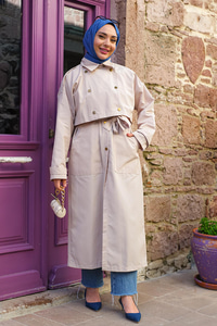 Çıtçıtlı Parçalı Su İtici Trençkot  Krem