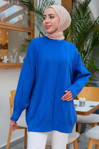 Çizgi Desen Triko Kazak Mavi