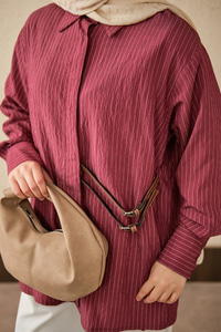 Çizgi Desenli Çift Kemerli Gömlek Bordo