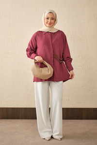 Çizgi Desenli Çift Kemerli Gömlek Bordo