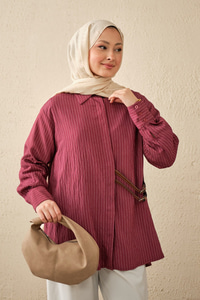 Çizgi Desenli Çift Kemerli Gömlek Bordo