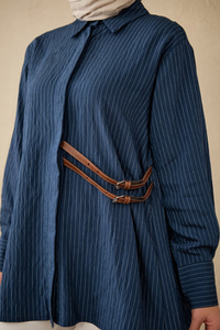 Çizgi Desenli Çift Kemerli Gömlek Lacivert