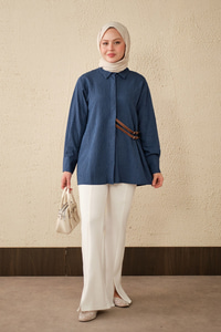 Çizgi Desenli Çift Kemerli Gömlek Lacivert