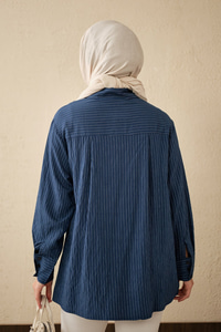 Çizgi Desenli Çift Kemerli Gömlek Lacivert
