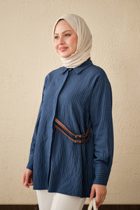 Çizgi Desenli Çift Kemerli Gömlek Lacivert