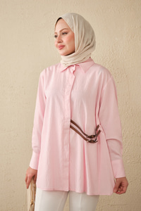 Çizgi Desenli Çift Kemerli Gömlek Pembe