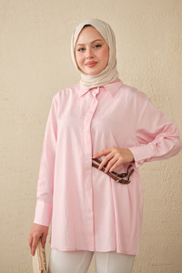 Çizgi Desenli Çift Kemerli Gömlek Pembe