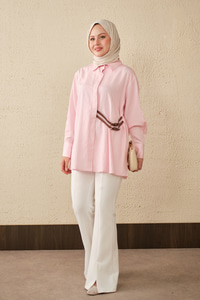 Çizgi Desenli Çift Kemerli Gömlek Pembe