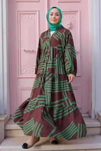 Çizgi Desenli Önden Düğmeli V Yaka Elbise Kahverengi