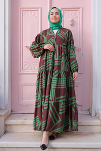 Çizgi Desenli Önden Düğmeli V Yaka Elbise Kahverengi