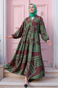 Çizgi Desenli Önden Düğmeli V Yaka Elbise Kahverengi