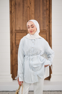 Çizgi Desenli Sim Detay Gömlek Bebe Mavi