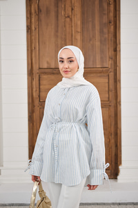 Çizgi Desenli Sim Detay Gömlek Bebe Mavi