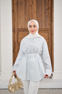 Çizgi Desenli Sim Detay Gömlek Bebe Mavi