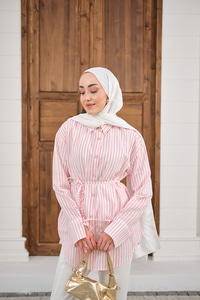 Çizgi Desenli Sim Detay Gömlek Pembe